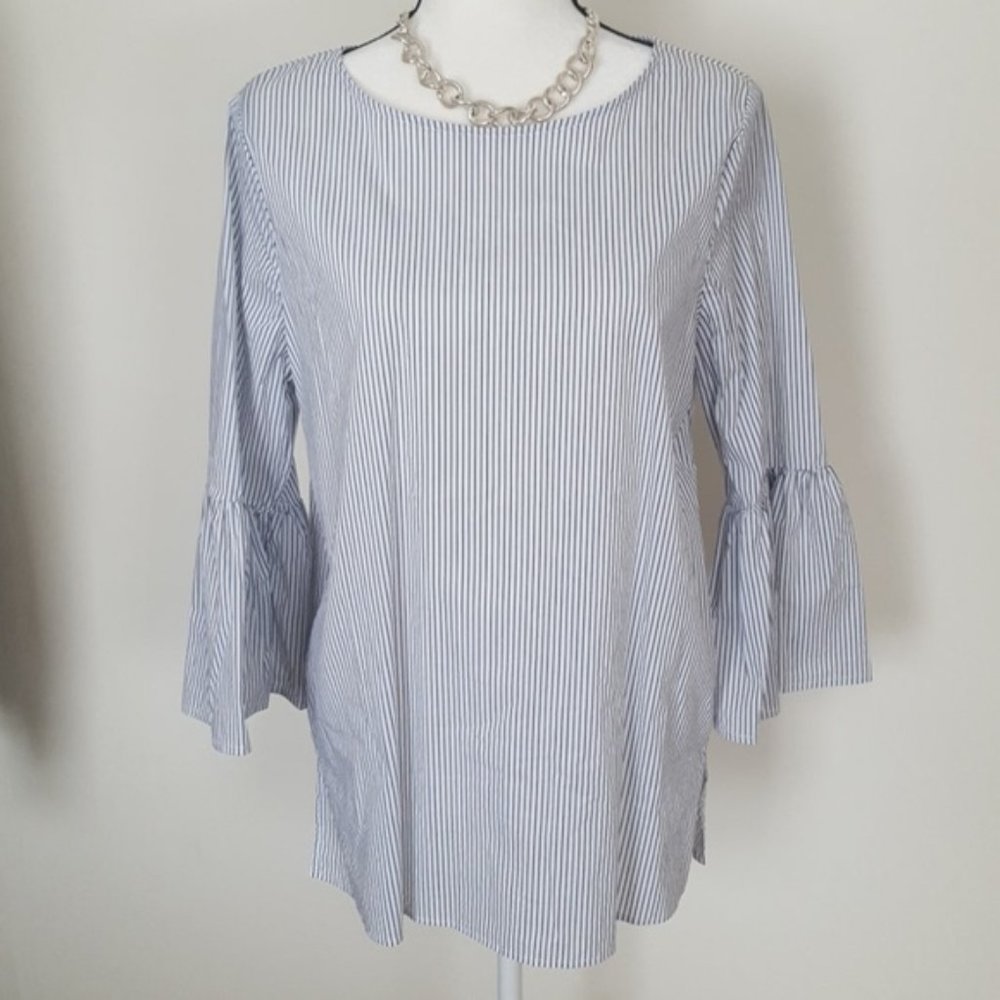 Gibson Striped Bell Sleeve Poplin Top
